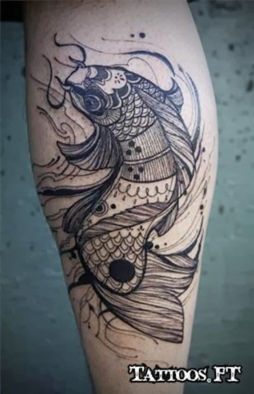 Black And White Carp Fish Tattoo On Back Leg